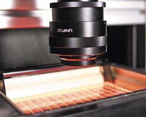 High-resolution camera above a microfiche on the automated capture platform